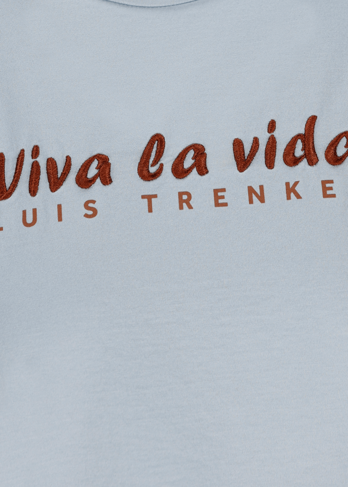 Luis Trenker T-shirt con slogan ricamato Viva la Vida Smaltimento dello stoccaggio