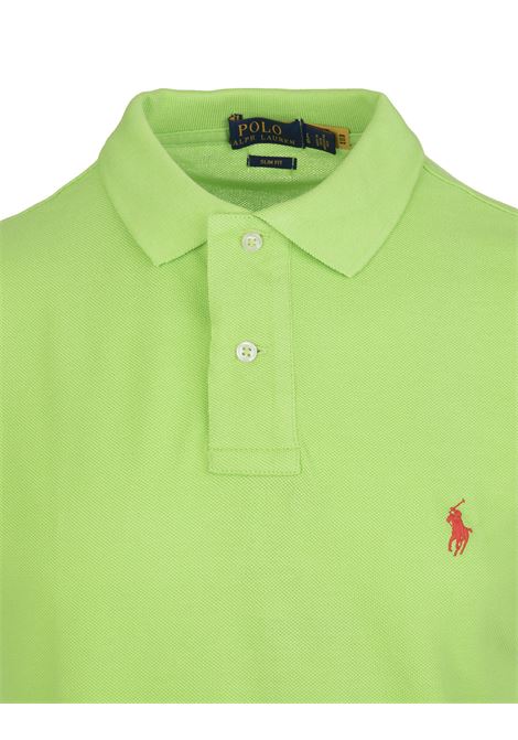 RALPH LAUREN Polo in Piquet Slim-Fit Verde Chiaro e Rossa - RALPH LAUREN In Vendita